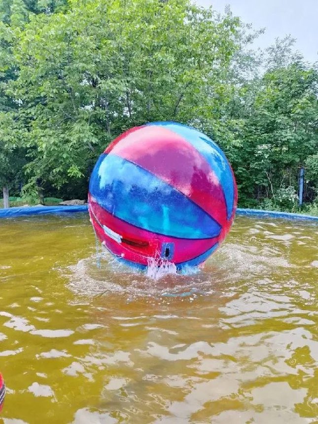 Прозрачный водный шар на пруду парка
